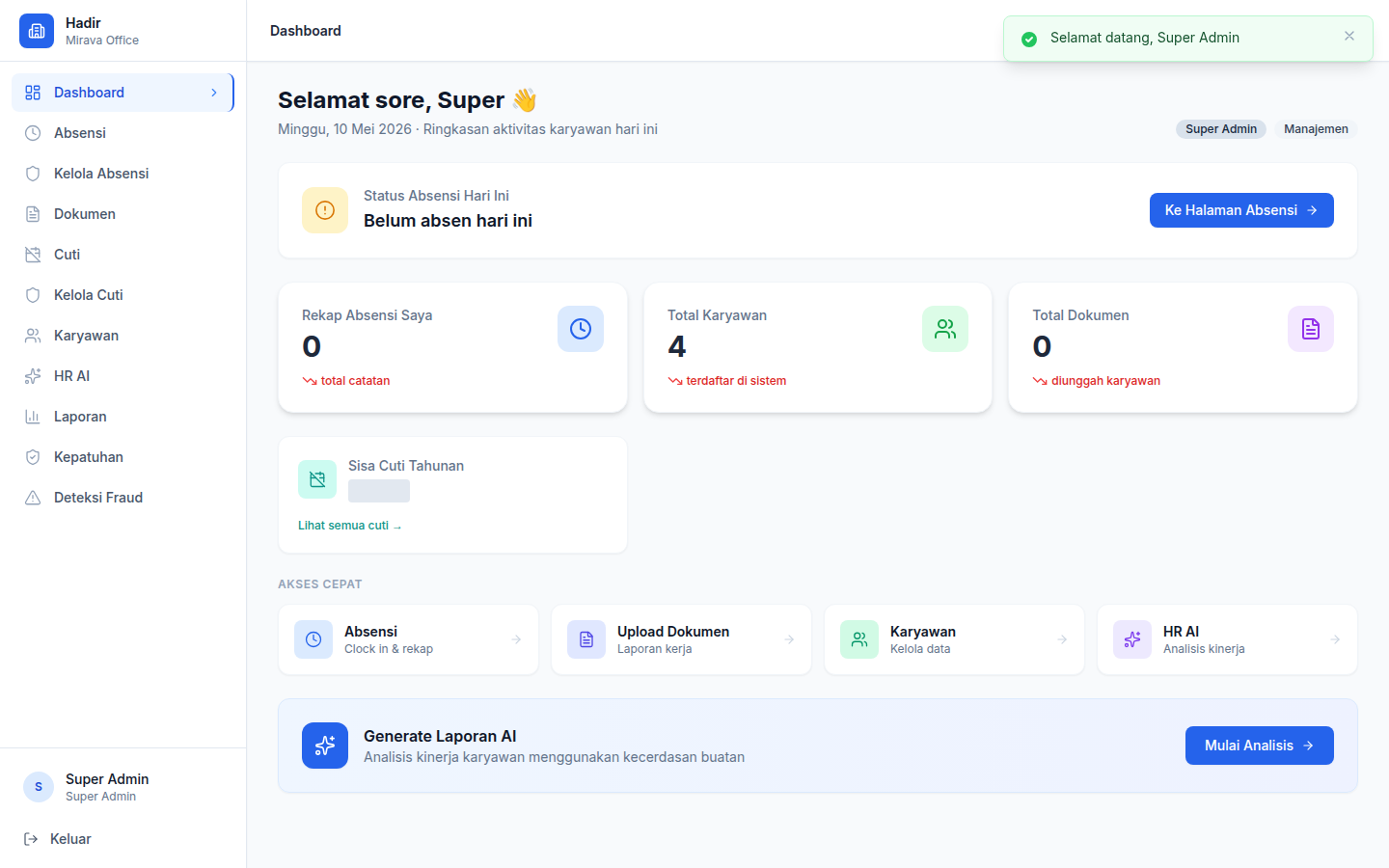 Hadir HRIS — Dashboard preview