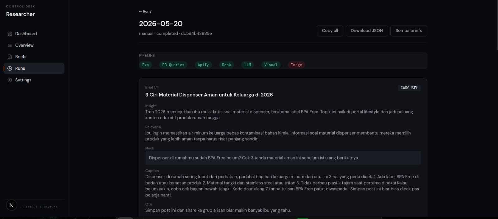 AI Content Research Engine — brief automation dashboard